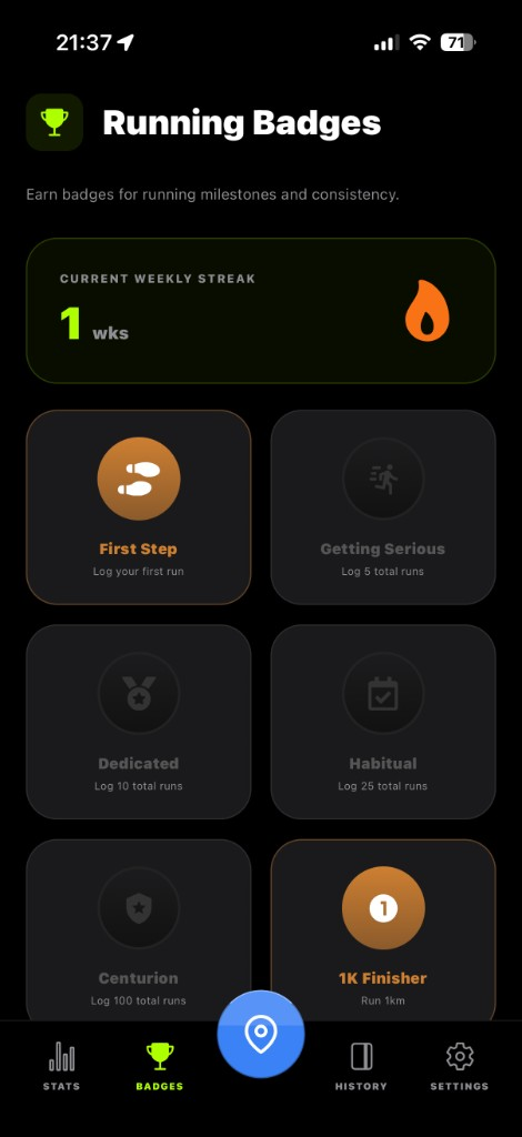 Tracker Pro running badges and weekly streak