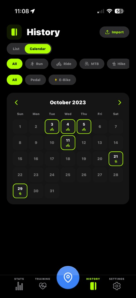 YourTrackPal history calendar with activity filters