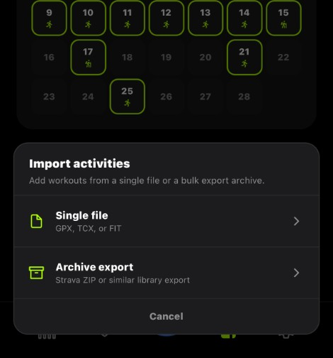 Import activities sheet for GPX, FIT, TCX, and ZIP archives