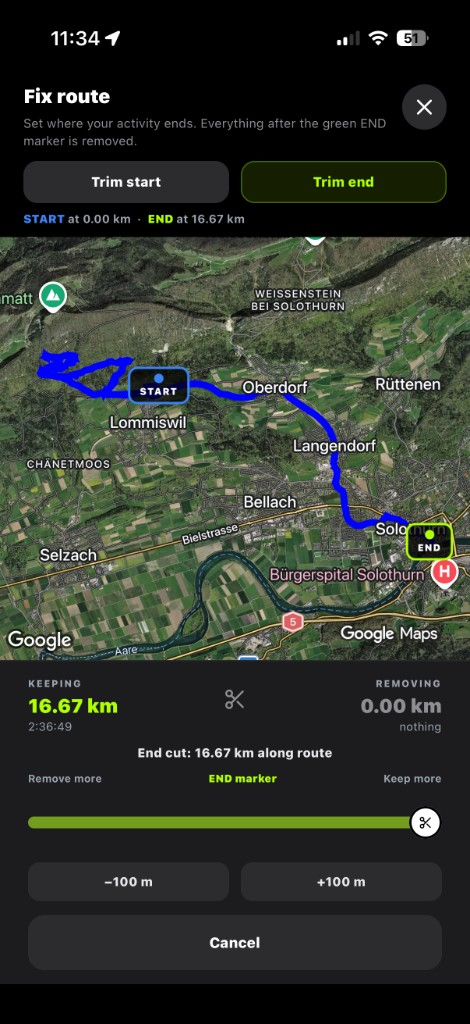 YourTrackPal route trim screen with start and end markers on the map