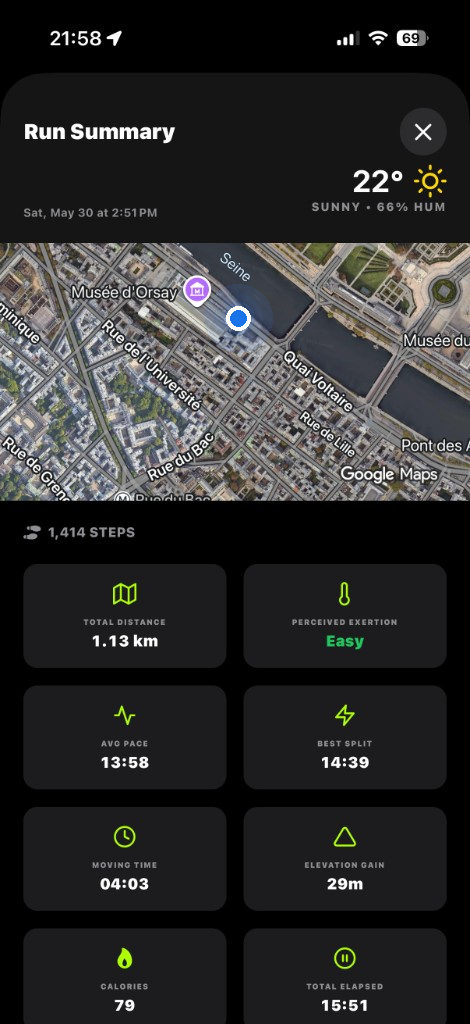 Tracker Pro run summary with map, stats, and weather