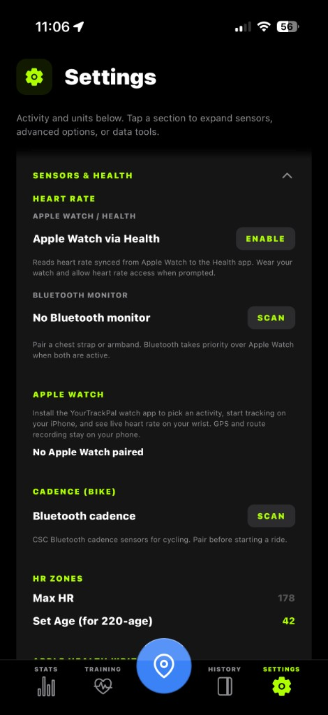 YourTrackPal sensors and health settings for Apple Watch and Bluetooth