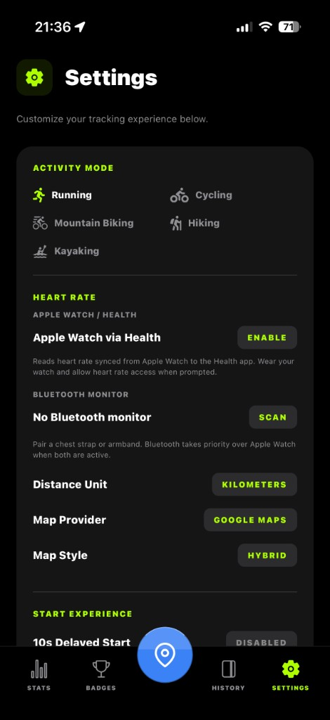 Tracker Pro settings for heart rate, maps, and units
