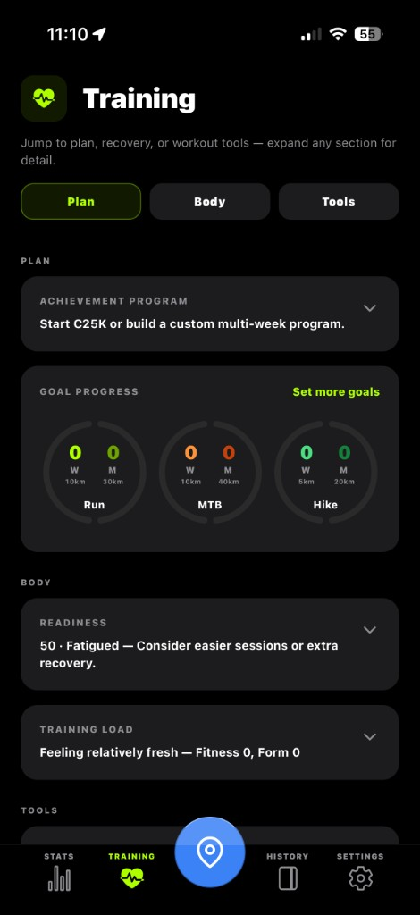 YourTrackPal training hub with plan, body, and tools