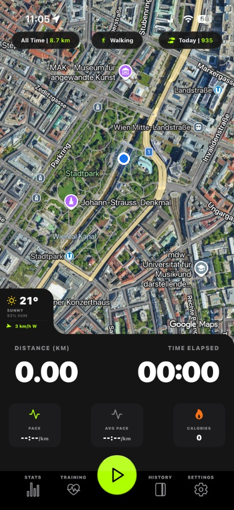 YourTrackPal walking map with distance and pace HUD